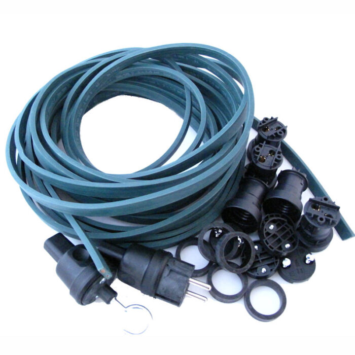 Illu Lichterketten Bausatz 50 Meter mit 50 Fassungen E 27 + Stecker + Endstück - dunkelgrünes Kabel
